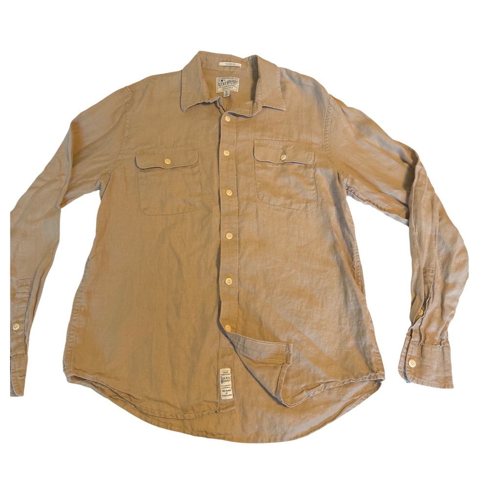 Lucky Brand Linen Shirt Mens Medium Tan Excellent Classic Fit Long Sleeve Button